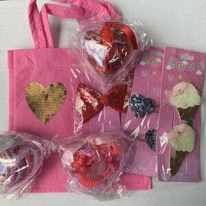 Girls Valentine’s Favors Gift Set Hearts Ice Cream Hair Clips & Hair Ties Lot